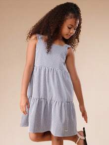 SUMWON Girls Gingham Check Tiered Sundress With Square Neckline And Ruffle Tiers For Summer Casual Wear Vacation - Black and White - View 3