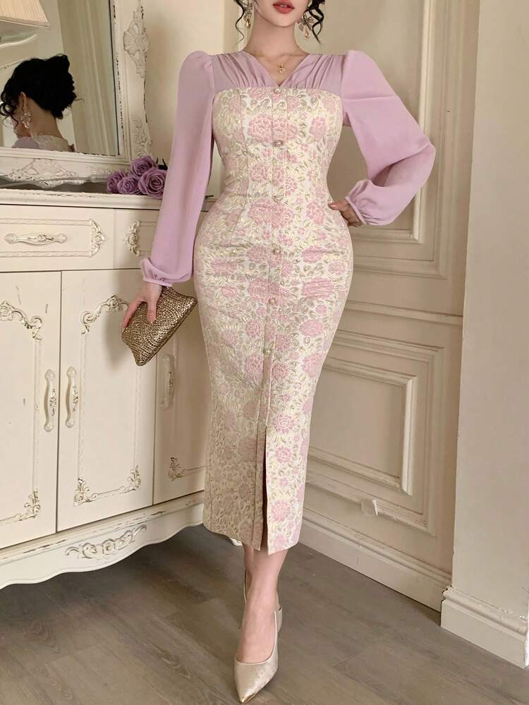 Spring/Summer Pink Chiffon Dress, Floral All-Over Print, 2 In 1, Sparkly, Suitable For Valentine's Day, Wedding, Party, Formal Occasion, Fashion, Elegant, Waist-Cinched, Mermaid Hem, Long Sleeve, Mid-Length Dress For Women Maxi Dress Sundress
