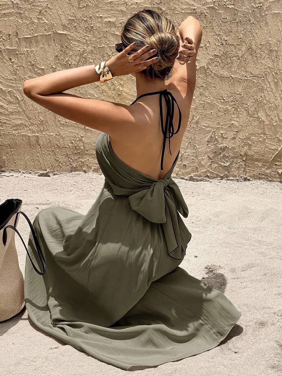 SHEIN Frenchy 女士夏季休闲度假荷叶边露背吊带连衣裙 - 薄荷綠 - 查看 1