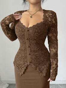 Modelyn Square Neck Lace Patchwork Button Waist Fitted Plus Size Dress For Women Fall - Brown - View 7