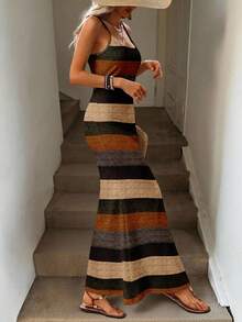 Easowa 女士条纹撞色吊带修身长连衣裙，适合春夏穿着，休闲百搭 - 彩色 - 查看 5