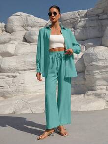 SHEIN LUNE Women's Solid Color Minimalist Long Sleeve Top And Pants 2 Pieces Set, Casual Everyday Wear - Lime Green - View 4