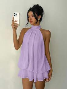 Aloruh Women's Casual Elegant Lavender Halter Neck Sleeveless A-Line Mini Dress With Button Detail Flowy Short Beach Party Outfit Summer - Lilac Purple - View 5