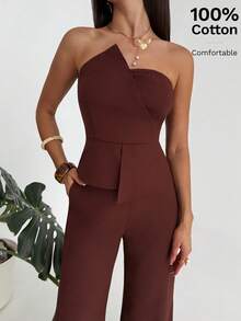 Aloruh Bộ đồ thể thao tối giản màu nâu gồm áo crop top không tay phối nhiều mảnh và quần dài ống rộng, thích hợp cho mùa xuân/hè. - màu nâu - Xem 7