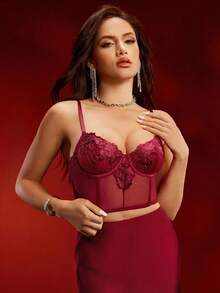 EmpressEnvy Lingerie da donna ricamata bordeaux, pizzo sexy e floreale, elegante e affascinante per vacanze, appuntamenti e uso quotidiano - Bordò - Visualizzare 3