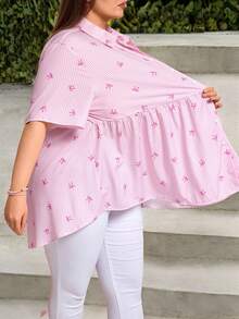 SHEIN CURVE+ Valentine's Day Plus Size Open Front Raglan Short Sleeve Striped Bow Print Peplum Blouse,Going Out,Tunic Top,Formal Tops For Women,Teacher Shirts - Pink - View 8