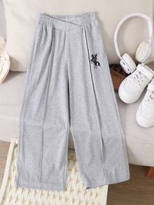 Autumn Back-To-School Girls' Wide Leg Pants,Spring/Summer Horse Print Light Linen Gray 3D Pleated Design,V-Shape Elastic Waist Soft Casual Trousers - Grey - View 3