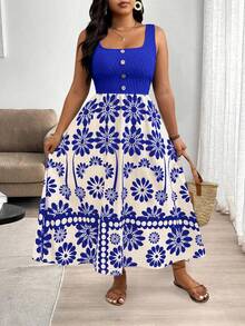 SHEIN Clasi Plus Size Square Neck Sleeveless Wide Strap Vintage Summer Casual Dress - Royal Blue - View 3