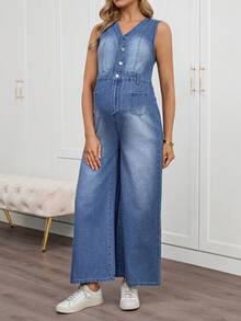 SHEIN Maternity V-Neck Sleeveless Front Button Casual Loose Denim Jumpsuit, Summer - Blue - View 3