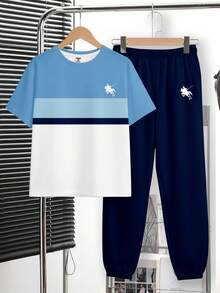 男童休闲舒适简约圆领短袖T恤和裤子套装 - 彩色 - 查看 2