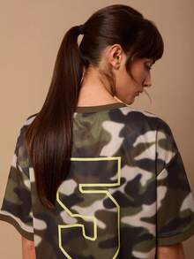 SURIMA Áo thun ngắn tay nữ mùa hè, chất liệu jersey, in chữ và số, kiểu dáng thường ngày, đa năng. - xanh quân đội - Xem 2