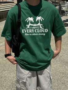 DAZY Men's Green Letter Print Round Neck T-Shirt, Summer Graphic Tees Men - Army Green - View 4