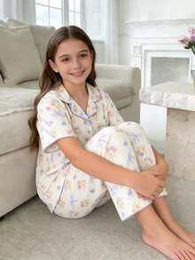 SHEIN Cute Tween Girl's Beige Summer Pajama Set,Multicolor Plant Pattern Sleepwear,Short Sleeve Lapel Top,Long Pants With Pockets,Home Wear Bow Sleep Set - Multicolor - View 6