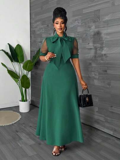 Maweii Women's Spring, Summer, And Autumn Net Puff-Sleeve Elegant Fitting Green Large A-Line Vacation Outfit Simple Commute Daily Wear Date Outfit Fashion Design Stylish New Essential Plus-Size Long Leisure Dress