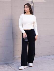 Andrea Bello Low Rise Drawstring Waist Rib Knit Wide Leg Casual Trousers Fall Autumn Winter Everyday Office Christmas Evening Party Elegant New Year Thanksgiving - Black - View 1