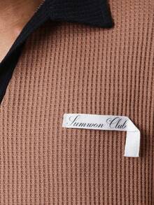 SUMWON Men's Short Sleeve Ribbed Knit Polo Shirt With Contrast Black Collar And Trim Detail - Brown - View 5