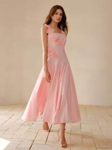 MOTF PREMIUM WOMEN'S SOLID APPLIQUE FLARE HEM DRESS - Pink - View 1