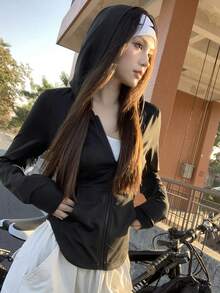 DAZY Chaqueta casual de manga larga con cremallera en el hombro para adolescentes - Negro - Ver 7