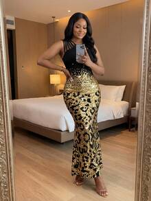 SHEIN Lady Valentine Plus Size Fashionable Party Leopard Print Sleeveless Bodycon Dress Gold And Black Dress Women Luxury Dress For Women Slay Diva Dress African Dresses For Women African Dresses For Wedding - Multicolor - View 3