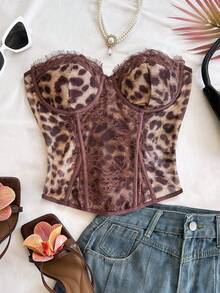 Soleia Women's Leopard Print Lace Patchwork Fitted Camisole Top,Vacation Outfits, Beach Outfits, Summer, Tropical Outfits, Cute And FunRetro Outfits, Carnival - Multicolor - View 3