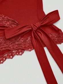 SHEIN Sweetro Áo thun nữ cổ chữ V phối ren đan chéo, thích hợp cho đầu thu. - Đỏ - Xem 8