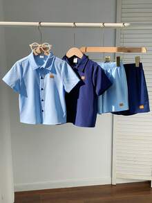 SHEIN 4pcs Kids Boys Casual Loose Turndown Collar Open Cardigan Shirt And Shorts Set, Tracksuit, Basic Top, Basic Bottom, Y2K Shorts, Suitable For Spring/Summer, Outings, Valentine's Day, Young Boy Clothes, Dates, Travel, Vacation, Family Gatherings, Back To School, Weddings, Formal Events, Sports, Birthday Parties - Multicolor - View 5