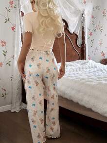 SHEIN Women's Casual V-Neck Knit Bow Floral & Bear Print Pajama Set - Beige - View 2