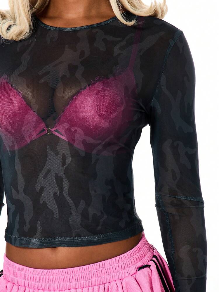 SUMWON Camouflage Mesh Long Sleeve Top With Graphic Chest Print For Fall Winter Layering