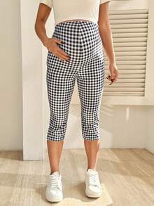 SHEIN Maternity Casual Plaid Adjustable Waist 7/8 Leggings - Black and White - View 3