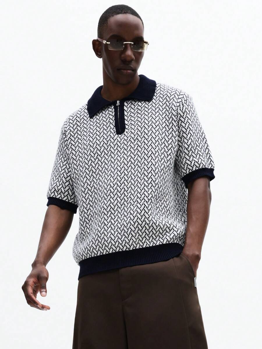 SUMWON Men's Relaxed Quarter Zip Textured Knit Polo Shirt With Geometric Pattern Navy Collar Trim Short Sleeve - Baby Blue - View 1