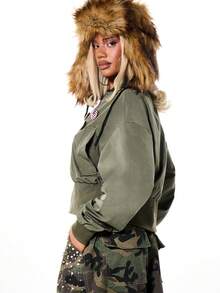 SUMWON WOMEN Badge Detail Bomber Jacket With Fur Trim Hood Ribbed Cuffs Patch Pockets Military Inspired Outerwear - Army Green - View 3