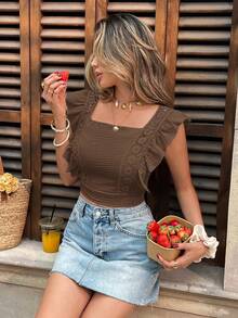 SHEIN Frenchy Blusa de unicolor sin espalda con lazo para mujer - Óxido marrón - Ver 4