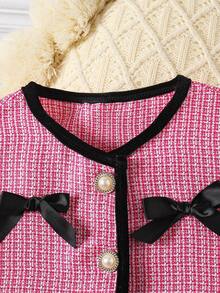 Tween Girls Casual Bowknot Plaid Print Short Sleeve Top And Pleated Skirt 2 Pieces Set - Hot Pink - View 3