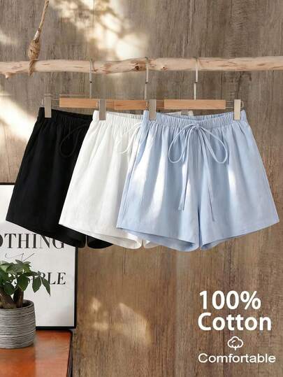 GlowEve 3件套女士休闲纯色弹力腰抽绳宽松短裤套装，适合日常穿着