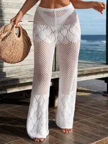 Swim Vcay Women's Crochet Hollow Out Vacation Style Cover Up Cover Up And Pants Set - White - View 1