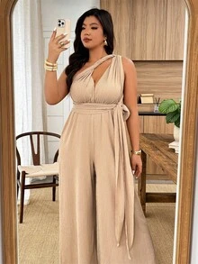 Weeklong Bộ jumpsuit nữ cỡ lớn cổ chữ V xếp ly, chất liệu vải mềm mại, đa năng, có phần eo thắt gọn, thích hợp cho mùa xuân/hè. - Màu Khaki - Xem 5