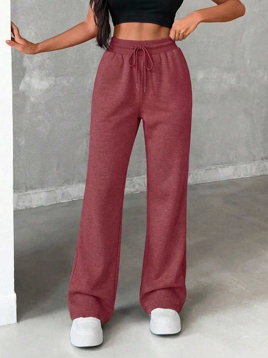 Women's Casual Sports Drawstring Waist Flared Sweatpants, Solid Color, Versatile For Daily Commute - Burgundy - View 1