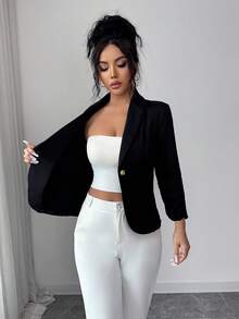 Elenzga Elegant Rose Gold Metal Button Waist Cinched Shawl Neck Black Long Sleeve Women Thin Blazer - Black - View 8