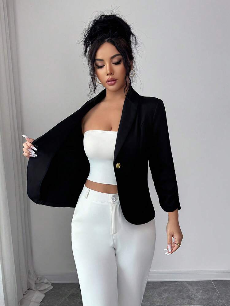 Elenzga Elegant Rose Gold Metal Button Waist Cinched Shawl Neck Black Long Sleeve Women Thin Blazer - Black - View 8