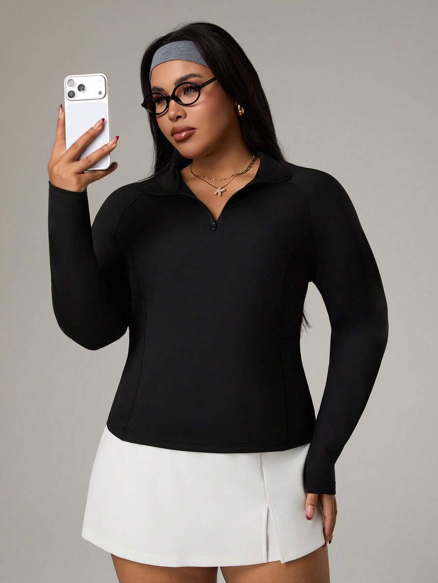 Rhythm Era Plus Size Women's Casual Minimalist Half-Zip Loose Fit Sweatshirt,Black Summer Athletic Midsize Gym Workout Top Zipper Front Long Sleeve Activewear - Black - View 1