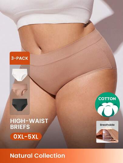 LUVLETTE Plus 3-Pack Cotton High Waist Briefs Women Underwear Panties Set-Black