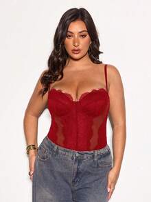 SHEIN BAE 夏季海滩度假大码服装 节日服装 派对聚会、约会旅行、外出、音乐节服装、演唱会服装、乡村音乐节服装，女士吊带蕾丝拼接黑色紧身胸衣性感新年连体衣，新年女士服装，女士紧身胸衣 - 紅色 - 查看 6