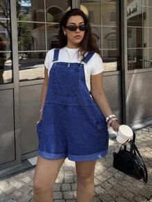 Dripcurv 大码女式蓝色复古连体裤，街头风学院风牛仔背带短裤，新年装扮 - 深色水洗藍 - 查看 4