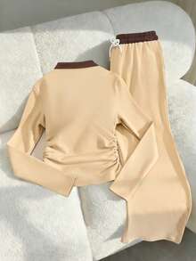 Teen Girls' Casual Colorblock Collar T-Shirt And Pants Set, Spring/Autumn - Khaki - View 2