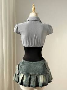 Elamini 女士黑白条纹拼接下摆纽扣领荷叶边短袖修身衬衫，性感复古欧美风 - 彩色 - 查看 2