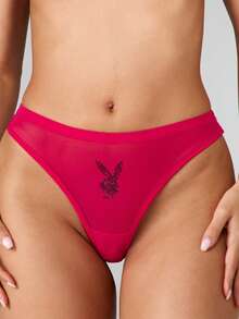 Missguided x Playboy Quần lót lọt khe hở cao đính logo thỏ Hotfix Graphic kèm trang trí đá Rhinestone - Màu Hồng Tươi - Xem 3