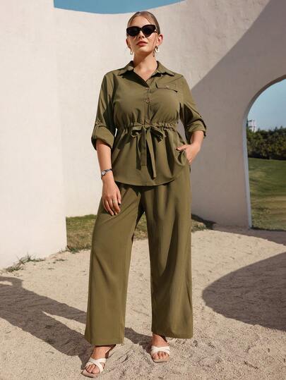 Juhart Plus Size Solid Color Casual Raglan Comfortable Front Button Loose 2 Pieces Set