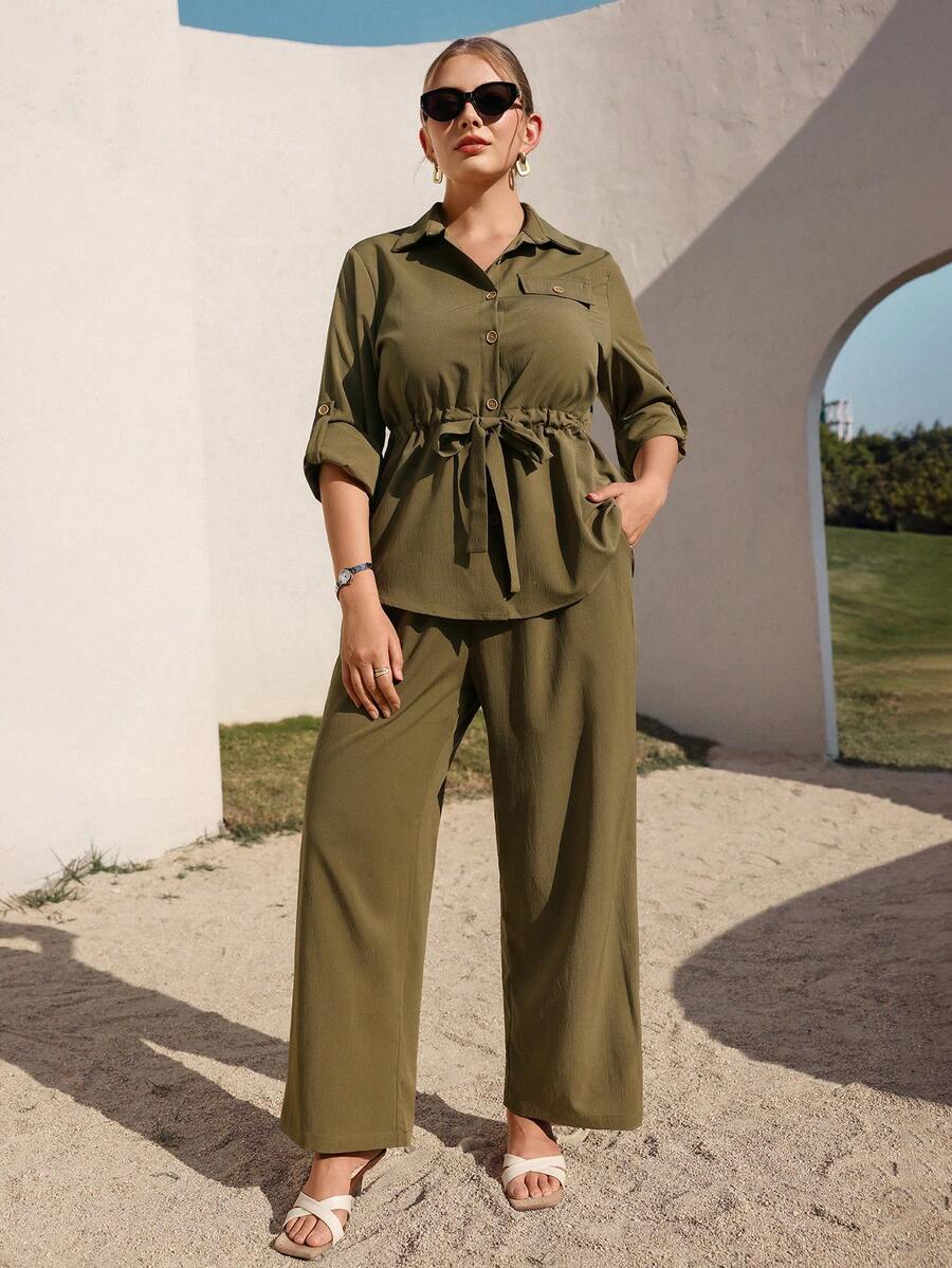Juhart Conjunto informal de 2 piezas de talla grande, unicolor, con botones delanteros y manga raglán cómoda - Verde militar - Ver 1