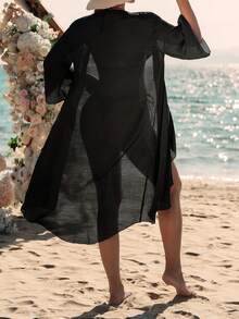 Swim Vcay Women's Loose Lightweight Kimono Cover Up - Black - View 2