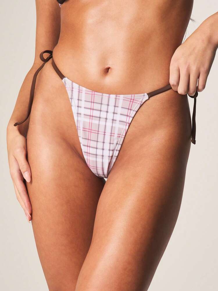 MISSGUIDED Plaid Check String Bikini Bottom With Tie Side Details Summer Beach Swimwear